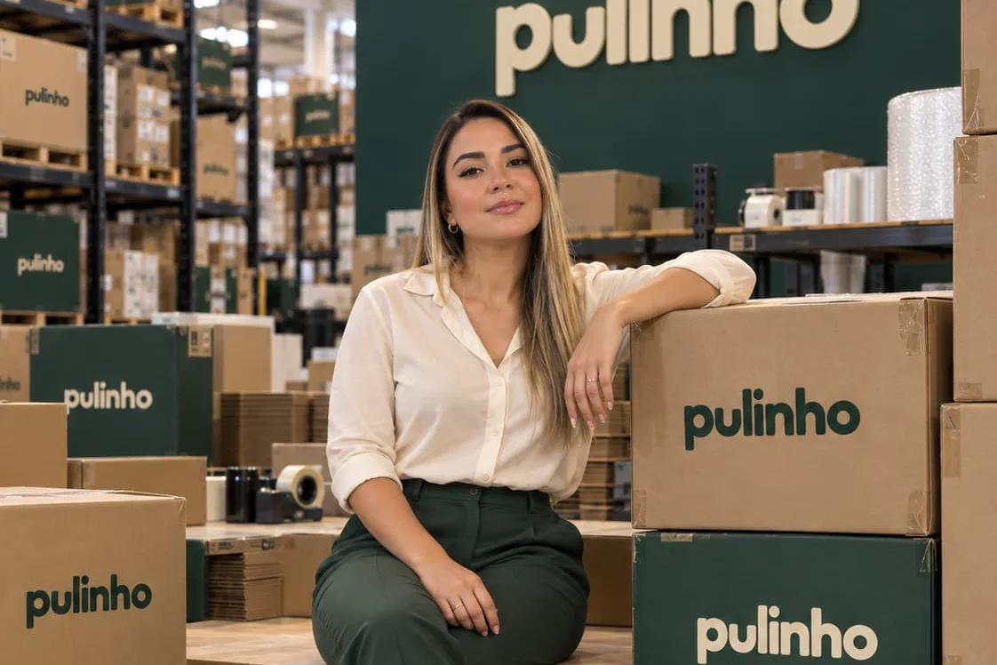 Equipe do Pulinho entre os pedidos separados, com as caixas da marca empilhadas no galpão