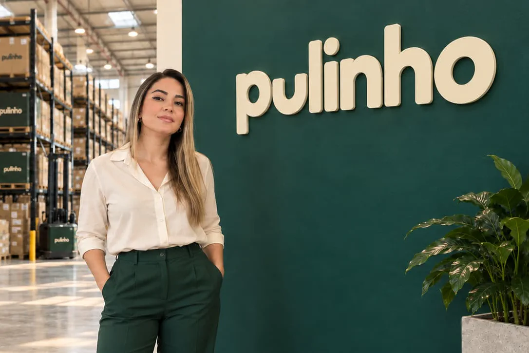 Galpão do Pulinho: prateleiras abastecidas com caixas da marca e a equipe no corredor