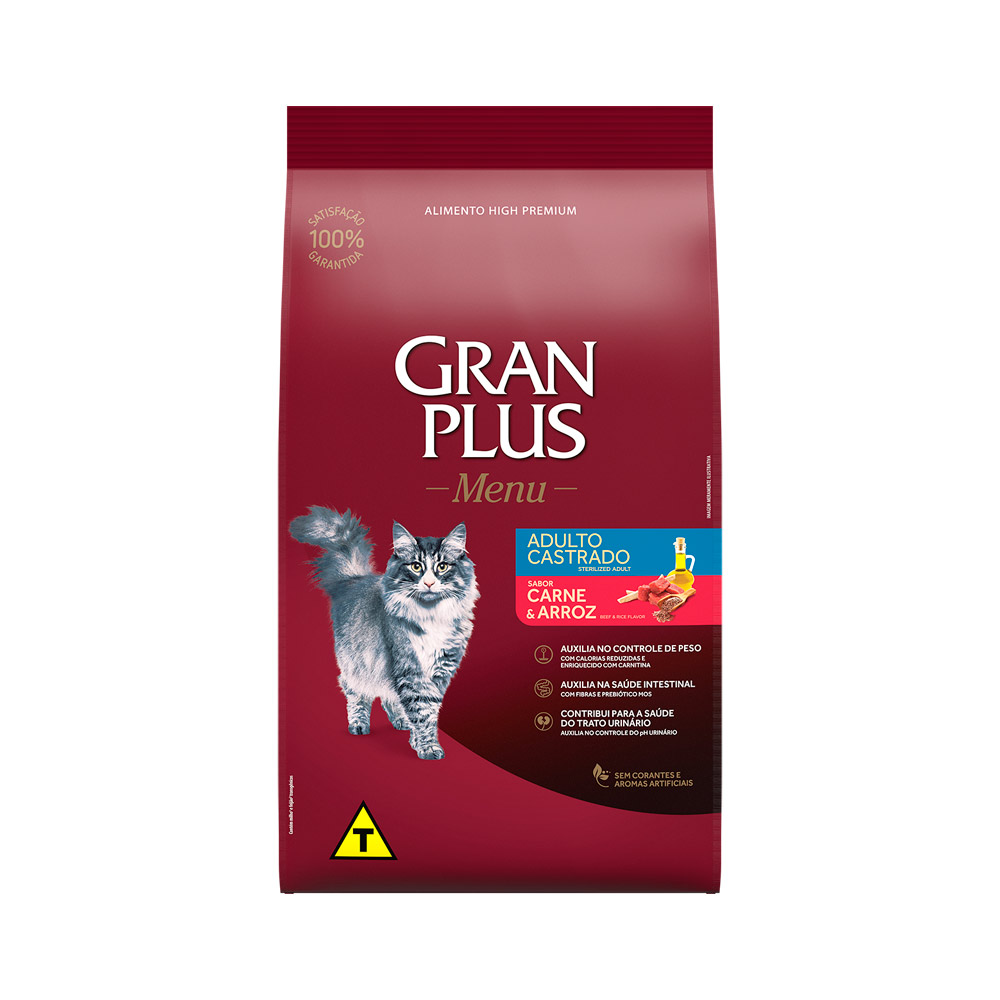 Ração GranPlus para Gatos Adultos Castrados sabor Carne e Arroz