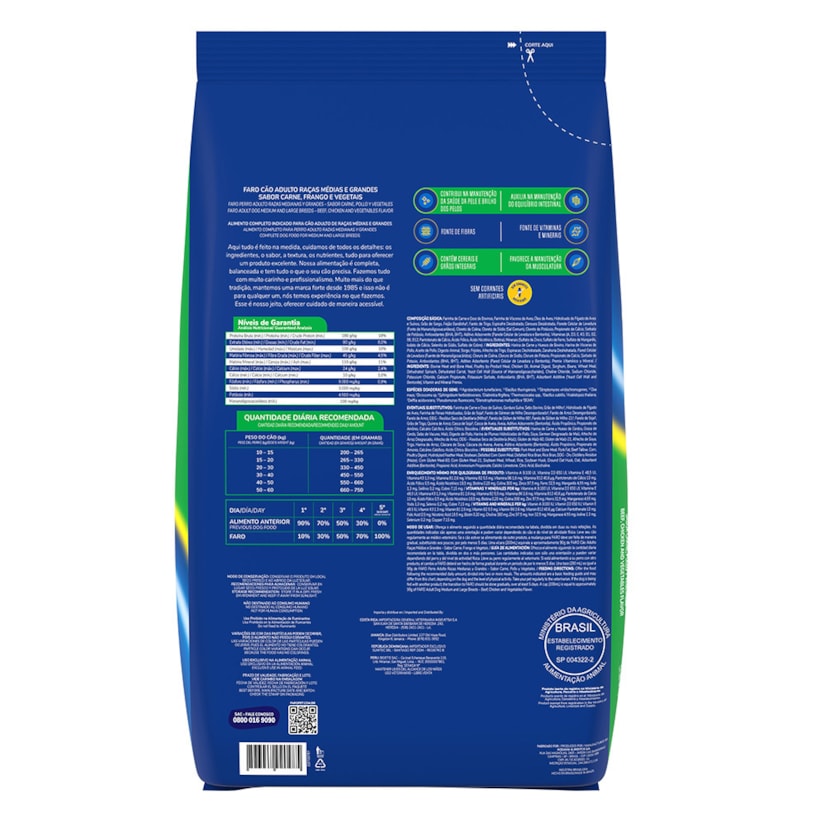 Ração Faro para Cães Adultos Médios e Grandes Sabor Carne, Frango e Vegetais 20kg