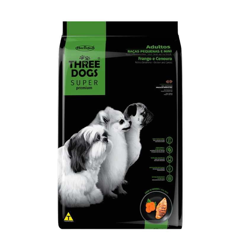 Ração Cães Three Dogs Super Adultos Raças Pequenas e Mini Frango Cenoura 15kg