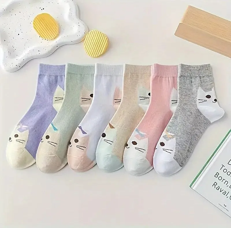 Conjunto de 6 Meias de Cano Médio com Rosto de Gato