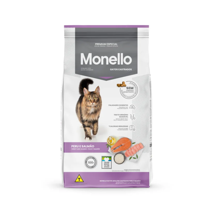 Ração Monello Gatos Adultos Castrados Peru e Salmão 10,1kg