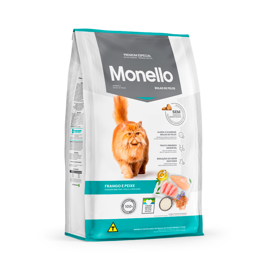 Ração Monello Bolas de Pelos para Gatos Adultos Sabor Frango e Peixe