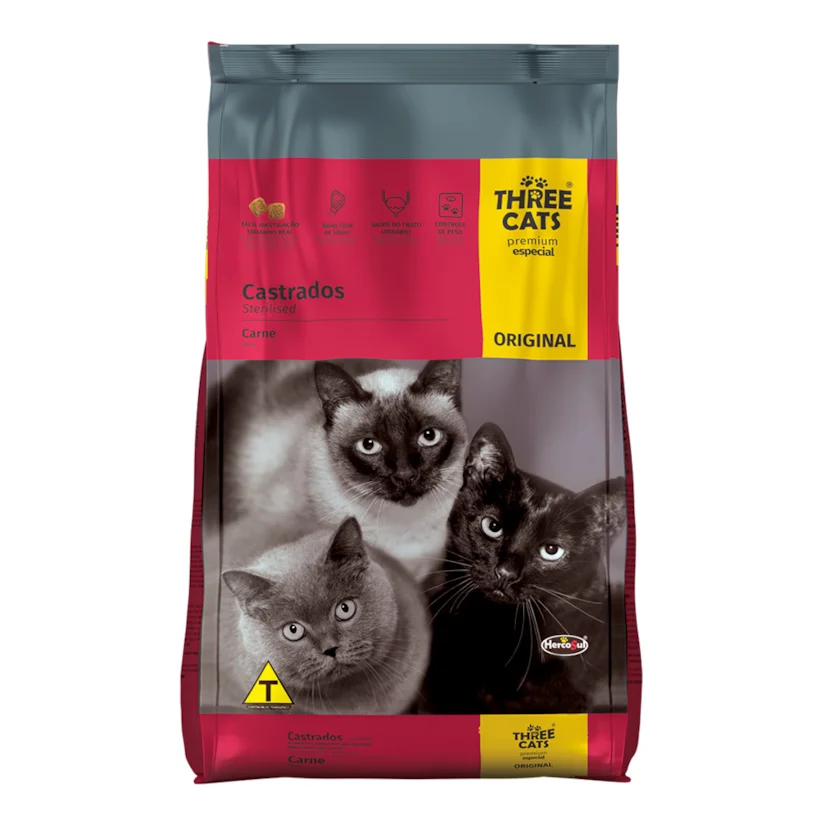 Ração Gatos Three Cats Original Castrados Carne 3kg