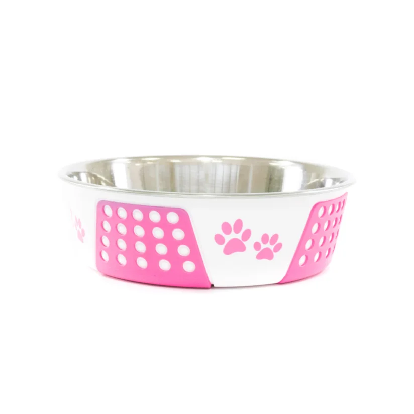 Comedouro Cães The Pets Inox Decorado Pata Bolinha Rosa 880ml