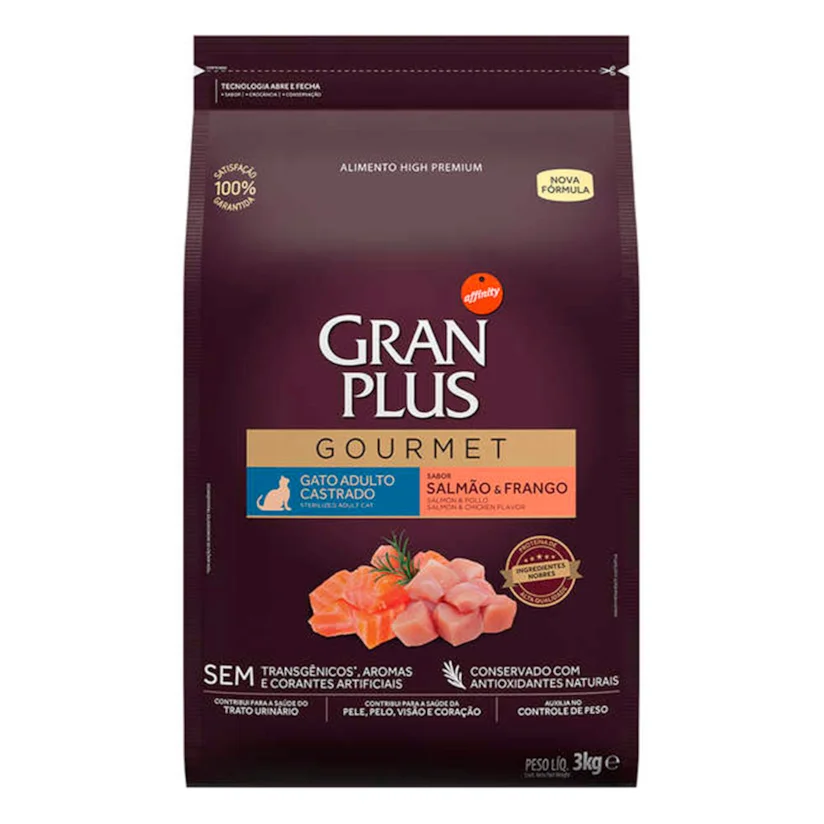 Ração Gran Plus Gourmet Gatos Adultos Castrados Salmão e Frango 3kg