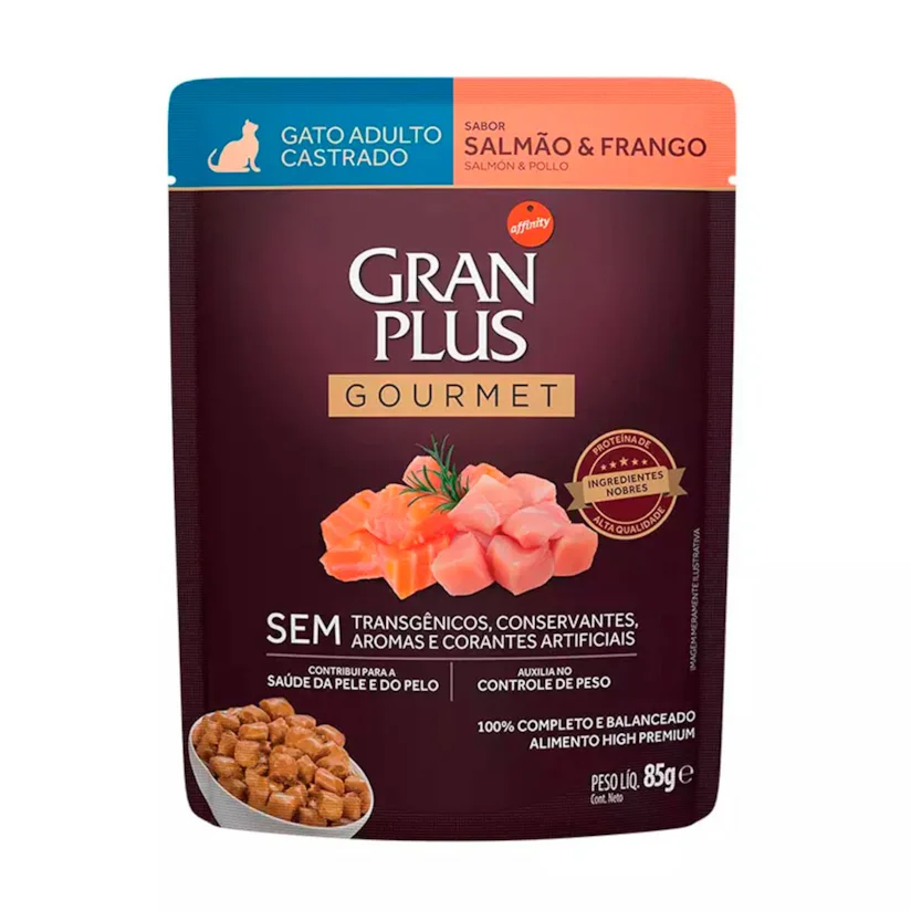Ração Úmida Gran Plus Gourmet Gatos Castrados Salmão e Frango Sachê 85g