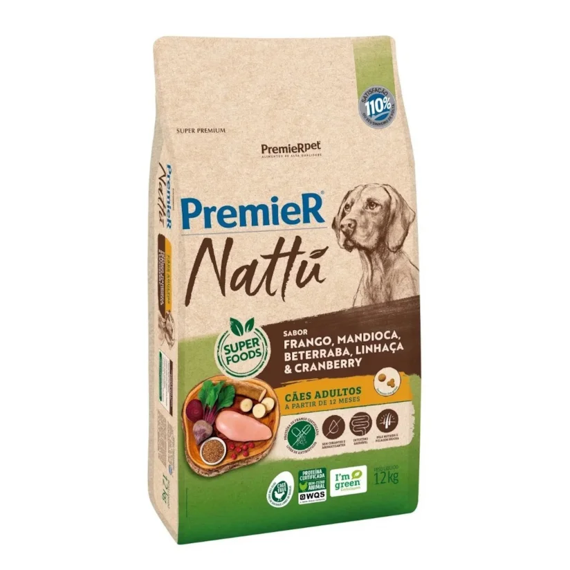 Ração Premier Nattu Cães Adultos Frango e Mandioca 12kg