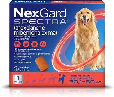 NexGard Spectra Antipulgas e Carrapatos e Vermífugo para Cães de 30,1 a 60kg - 1 tablete